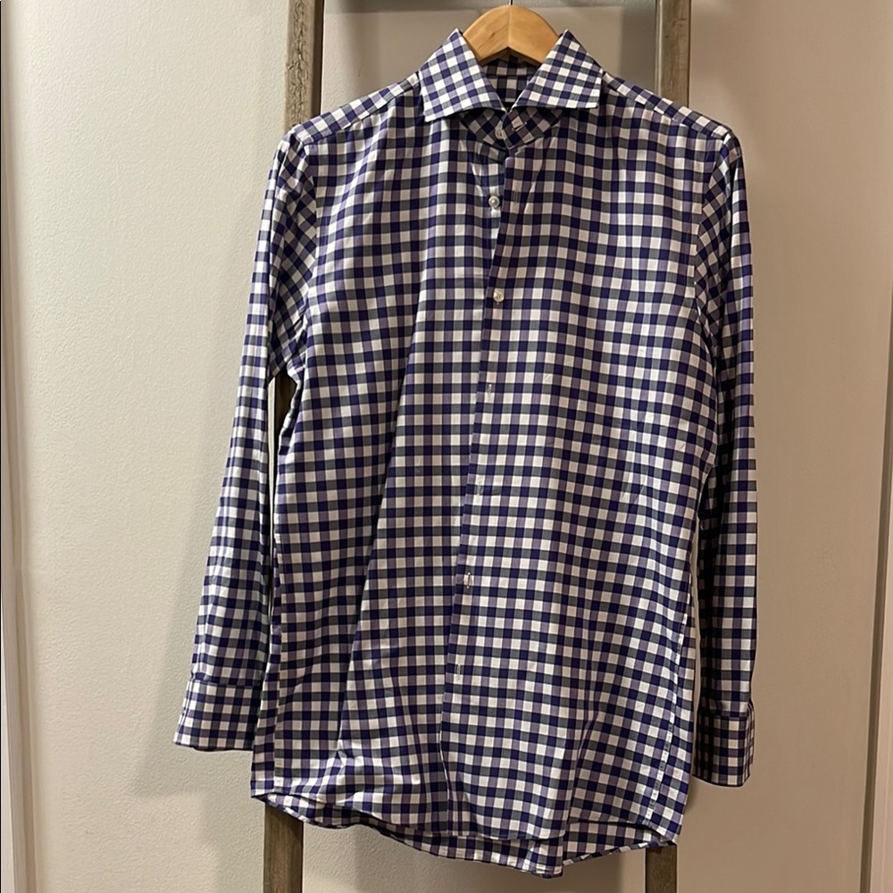 Men's Blue and White Checkered Shirt